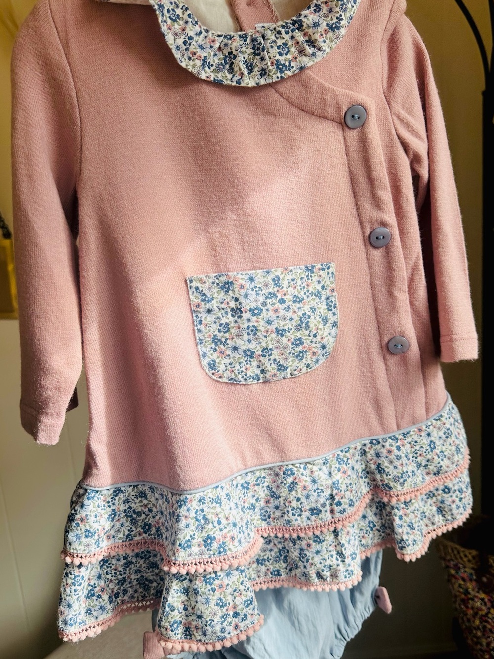 Pink Floral Trim Girls' Dress with Pocket